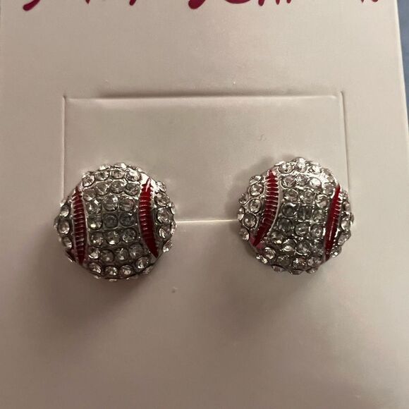 ⚾️ Betsey Johnson Silver Baseball red & white Rhinestone Earrings ⚾️ - Picture 3 of 5